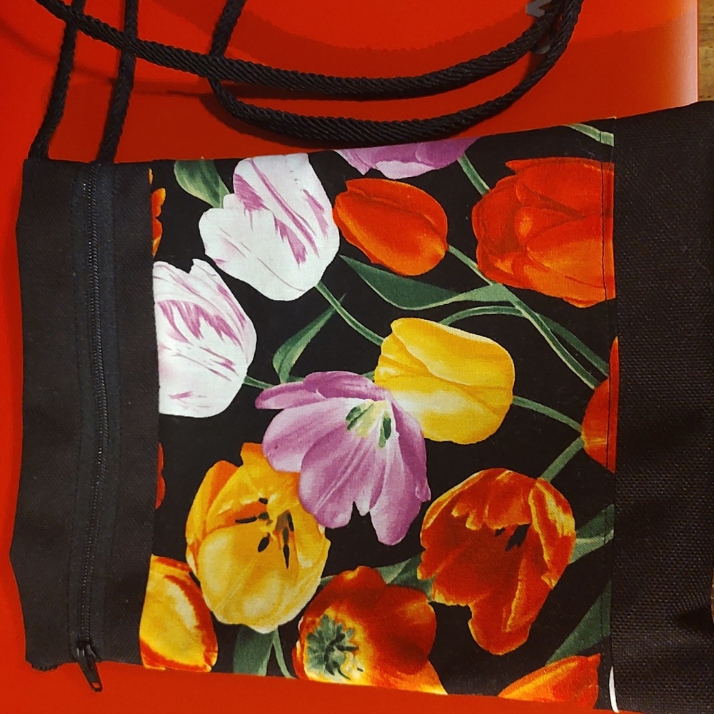 Homemade canvas bag with tulips.